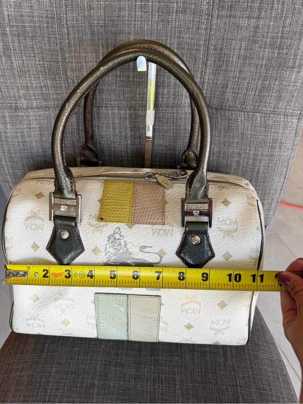MCM White Leather Satchel with Multicolor Patch Accents - Picture 10 of 13